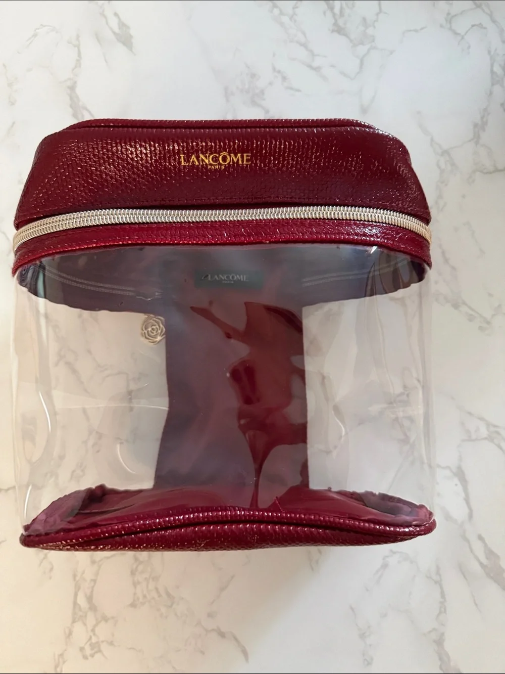 Lancome Clear Cosmetic Bag with Burgundy Trim and Gold Logo